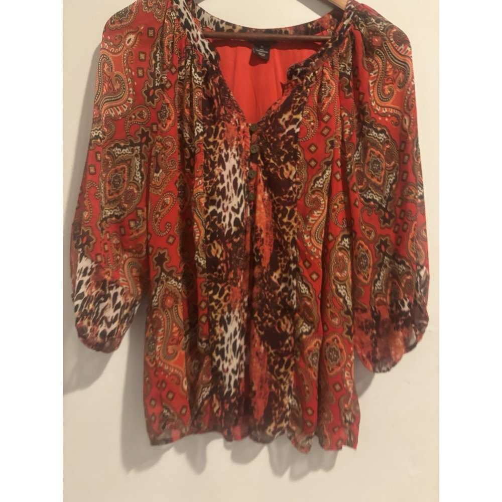 New Directions Blouse Women's Red Abstract Tunic Sheer Boho Peasant Med Artsy
